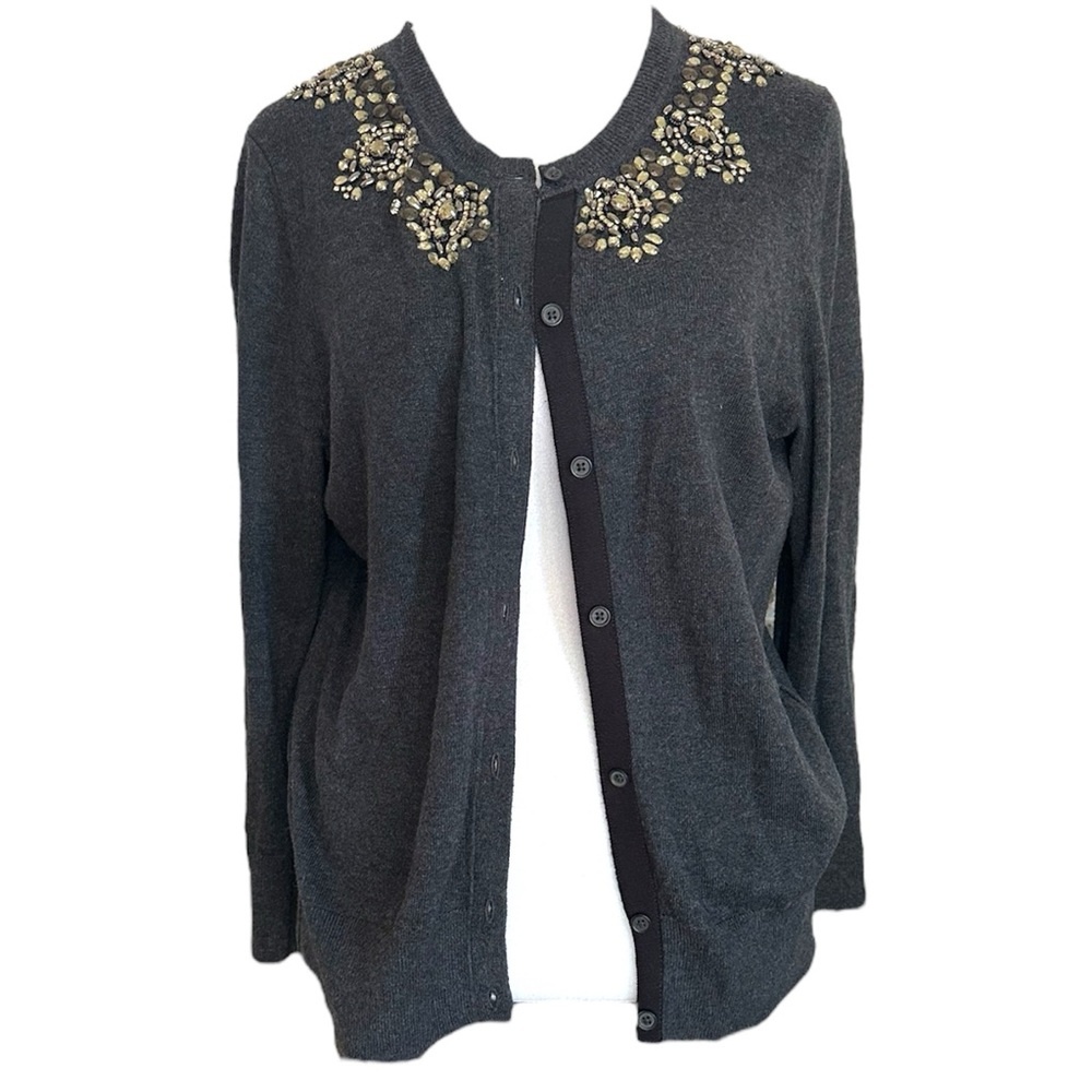 Ann Taylor Loft Womens Cardigan Size M Gray Embroidered Preppy School Old Money